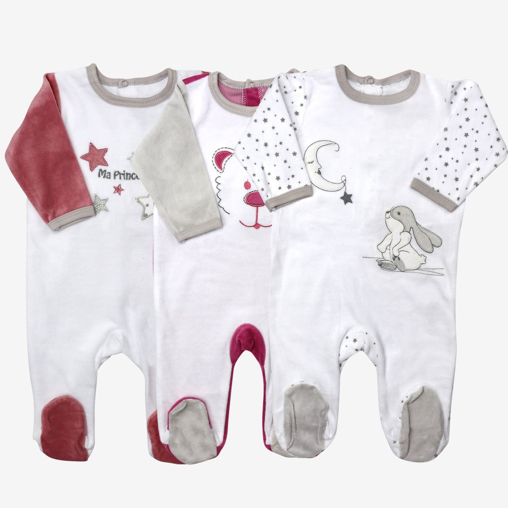 Set Of 3 Baby Girl Pyjamas Lena Velvet Back Opening