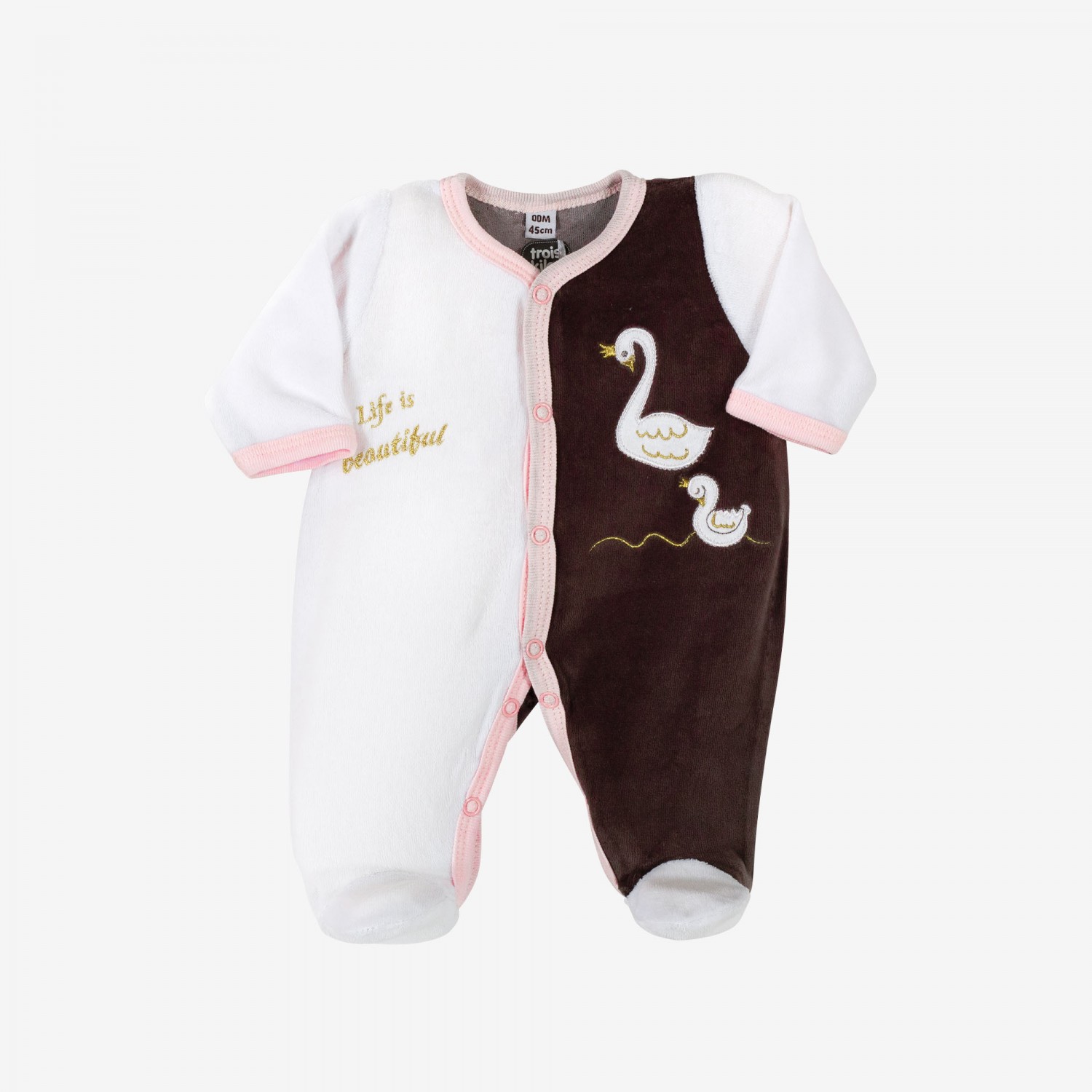 Pyjama Bebe Fille En Velours A Ouverture Devant Brode Cygne