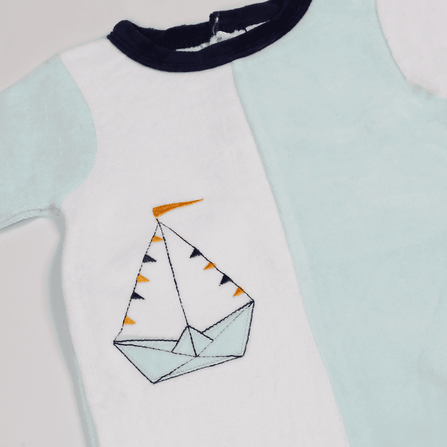 White And Blue Velvet Baby Pyjamas With Boat Embroidery And Back Closure