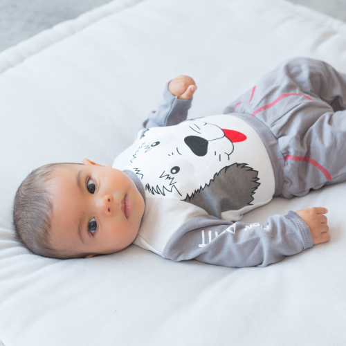 Tenue Bebe Garcon Complete En Pur Coton Gris Banc Et Rouge