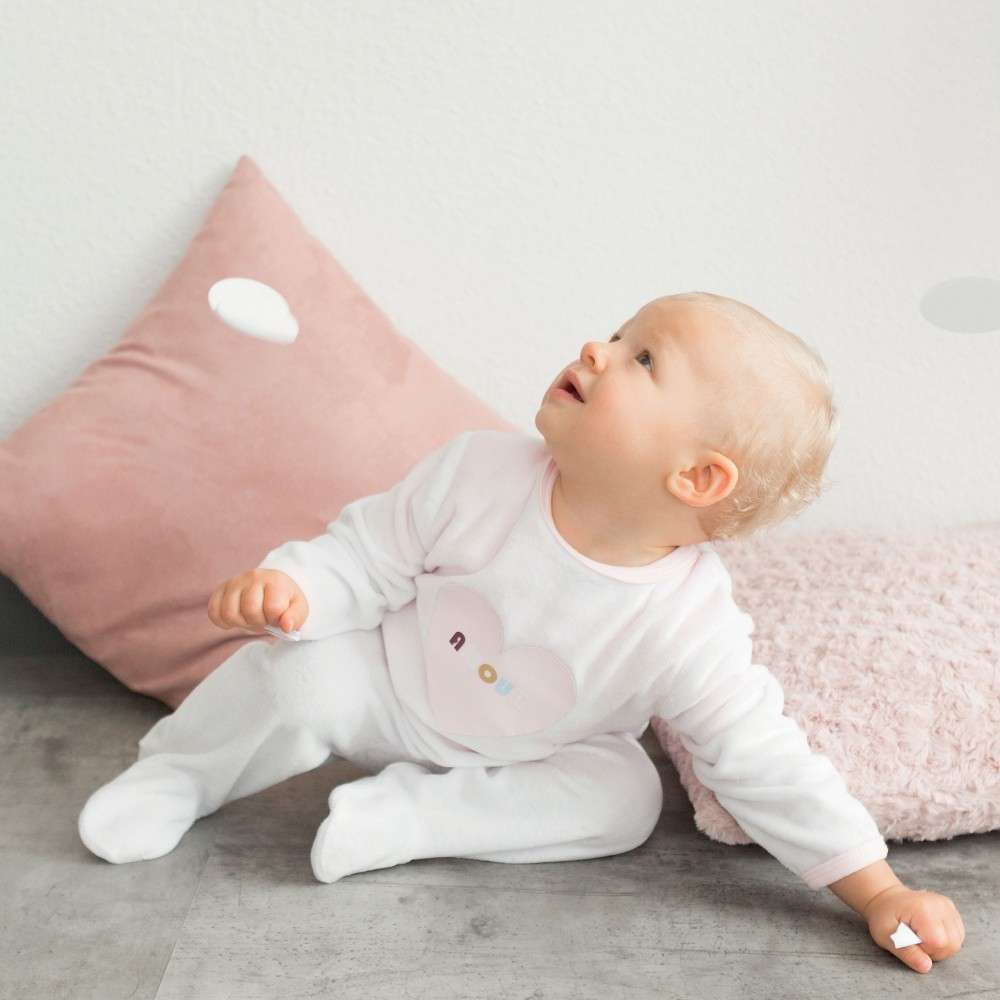 White And Pink Soft Velvet Baby Pyjamas With Snaps Opening At The Back